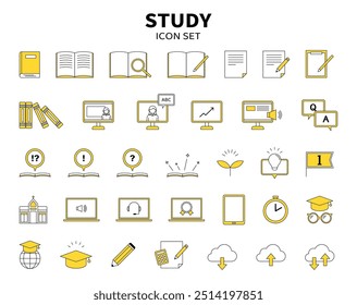 Educación Estudio Aprendizaje Icono de Ilustración Set PC Portátil Móvil Papelería Línea Simple Dibujo Amarillo