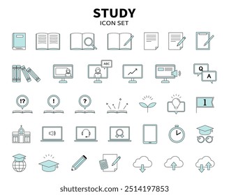 Education Study Learning Illustration Icon Set PC Mobile Notebook Stationery Simple Line Drawing Light blue
