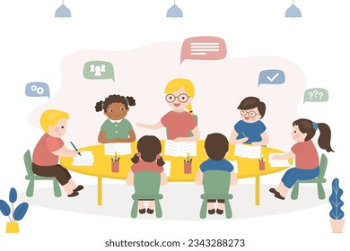 Education, study, learning, lesson, communication concept. Young smiling woman teaching children kids, boys and girls in kindergarten. Educational process playing at school. Teacher and classmates.