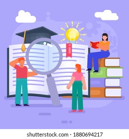 Education, study in library concept. Group of people stand near big book. Modern vector illustration