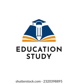 Concepto de diseño de logotipo de estudio educativo con sombrero y lápiz de togoles graduados