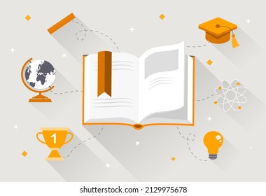 Education study material for students. Colorful poster with large open book, cup, light bulb, ruler, globe and graduation cap. Design element for social networks. Cartoon flat vector illustration