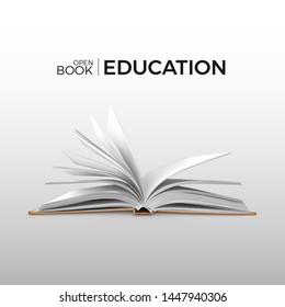 Education and study realistic open book with white pages. Textbook template. Vector illustration