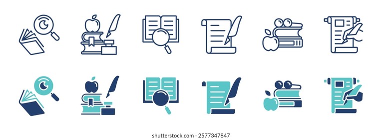 education study research icon line set library read journal discovery learning write literature business signs vector illustration