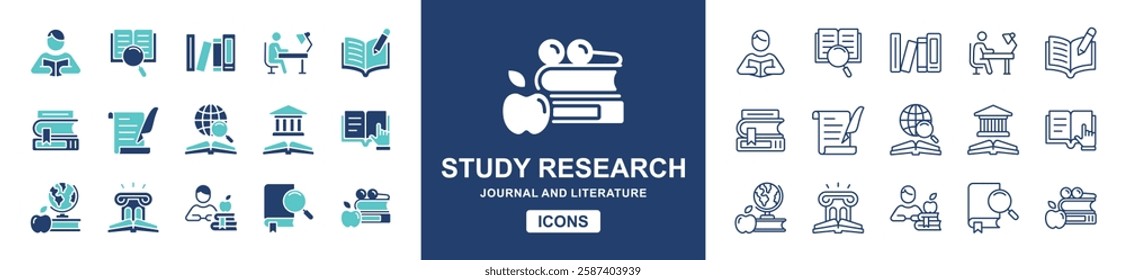 education study research icon set online learning student read journal literature discovery knowledge cognition signs vector illustration