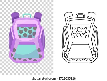 Education and study, school backpack icon. Extravagant student satchel. Colorful backpack of pupil. Kids school bag. Sketch and color style vector illustration on transparent background.