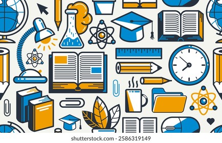 Education and study seamless background, vector endless wallpaper with physics and chemistry elements that can be used separately as an icon, school learning.