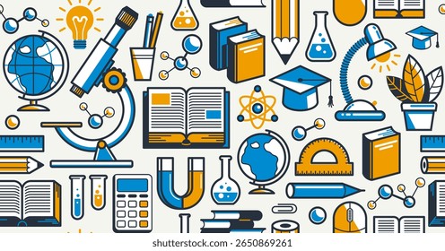 Educação e estudo fundo sem costura, vetor papel de parede infinito com elementos de física e química que podem ser usados separadamente como um ícone, aprendizagem escolar.