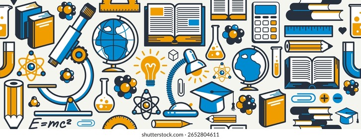 Education and study seamless background, vector endless wallpaper with physics and chemistry elements that can be used separately as an icon, school learning.