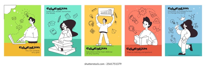 Education and study. Set of posters with students reading books, listening to online lecture or course and preparing for exam. Back to school. Hand drawn outline vector illustration collection