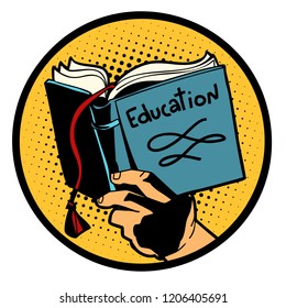 education study textbook. Comic cartoon pop art retro vector illustration drawing