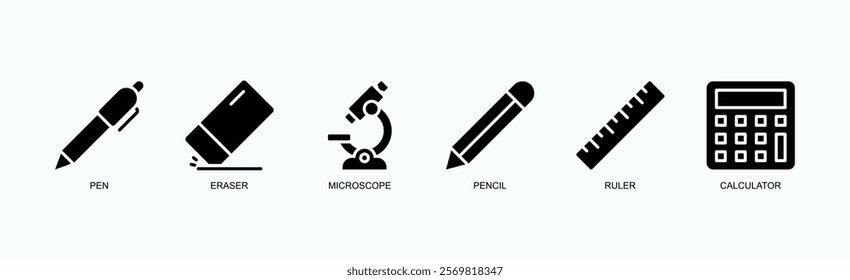 Education And Study Tools Icon Set Icon Set Isolated Vector Illustration Concept With Icon Of Pen, Eraser, Microscope, Pencil, Ruler, Calculator In Glyph Style