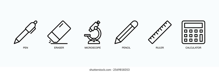 Education And Study Tools Icon Set Icon Set Isolated Vector Illustration Concept With Icon Of Pen, Eraser, Microscope, Pencil, Ruler, Calculator In Outline Style