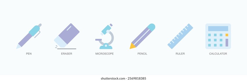 Education And Study Tools Icon Set Icon Set Isolated Vector Illustration Concept With Icon Of Pen, Eraser, Microscope, Pencil, Ruler, Calculator In Flat Style