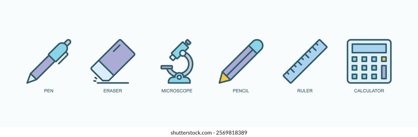 Education And Study Tools Icon Set Icon Set Isolated Vector Illustration Concept With Icon Of Pen, Eraser, Microscope, Pencil, Ruler, Calculator In Outline Color Style