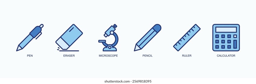 Education And Study Tools Icon Set Icon Set Isolated Vector Illustration Concept With Icon Of Pen, Eraser, Microscope, Pencil, Ruler, Calculator In Blue Style