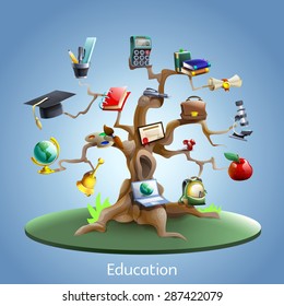 Education and study tree concept with laptop and graduation certificate on blue background cartoon vector illustration 