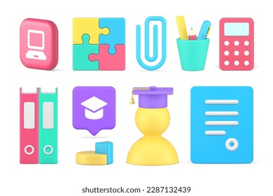 La educación que estudia el análisis de las tormentas de ideas de la papelería estudiantil de soltero estableció un icono 3d ilustraciones vectoriales realistas. Aprender graduación consejos rápidos calculadora de matemáticas puzzle de carpetas rompecabezas gráfico de piezas de rompecabezas