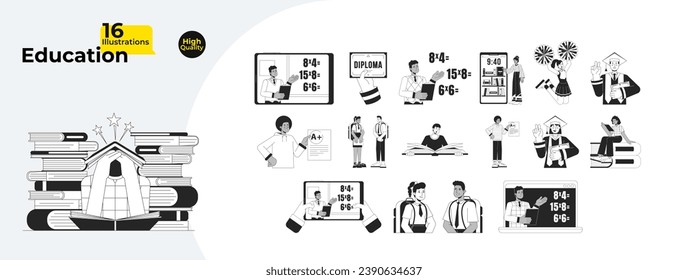 Education studying black and white cartoon flat illustration bundle. Diverse people school college students 2D lineart characters isolated. Distance learning monochrome vector outline image collection