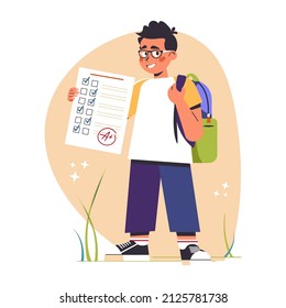 Education, studying, childhood, new level concept. Young happy cheerful smiling boy pupil character standing with test exam results. Successful goal achievement and back to school vector illustration.