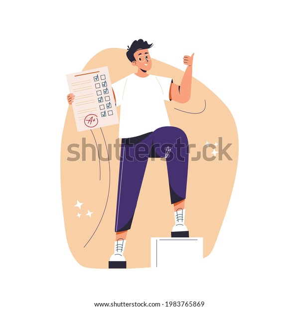 Education, studying, childhood, new level\
concept. Young happy cheerful smiling boy pupil character standing\
with test exam results showing thumbs up. Successful goal\
achievement and back to\
school.