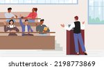 Education and Studying Concept. Students Characters In Lecture Hall. Learning Process In University, Scholars And Teacher In Auditorium, Professor In Seminar. Cartoon People Vector Illustration