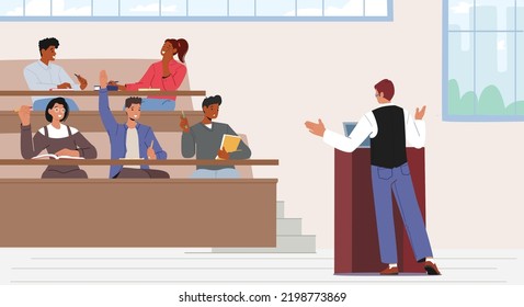 Education and Studying Concept. Students Characters In Lecture Hall. Learning Process In University, Scholars And Teacher In Auditorium, Professor In Seminar. Cartoon People Vector Illustration