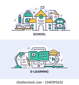 Education and studying linear banner templates set. School building and bus, stationery, test paper thin line illustration. Modern e-learning options with online video courses poster design layout