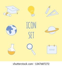 Education, Studying, Occupation Vector Icons Set. Light Bulb, Magnifier Cartoon Illustration. School Subjects, Lessons. Calendar, Ruler. University Graduation Cap. Planet, Science Flask