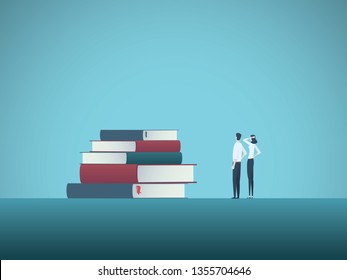 Education and studying vector concept with two students looking at pile of books. Symbol of knowledge, learning, college, research and training. Eps10 vector illustration.