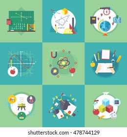 Education subjects icons. School and university learning disciplines. Vector flat cartoon illustrations set.