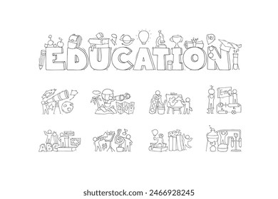 Education subjects icons with symbols of math, physics, astronomy and chemistry. Vector cartoon set of art, music, technology, sport and literature lessons and students. People with education equipmen