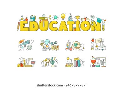 Education subjects icons with symbols of math, physics, astronomy and chemistry. Vector cartoon set of art, music, technology, sport and literature lessons and students. People with education equipmen