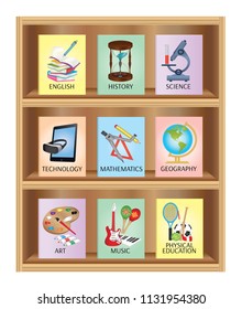 Education subjects set- Wooden bookshelf with books