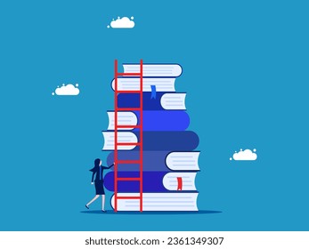 Education for success. Businesswoman climbs up stack of books with stairs 