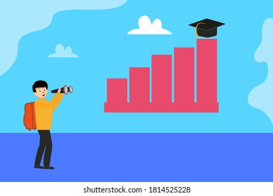 Education success graph vector concept: Male student looking at graduation cap on the top step
