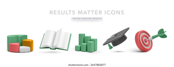 Education and Success Icons Including Bar Chart, Open Book, Graduation Cap, and Target in Colorful 3D Style. Great for Learning, Goal Tracking, and Academic Projects. Vector Illustration.