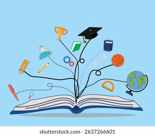 Education supplies concept icon. Open book background with education supplies icon