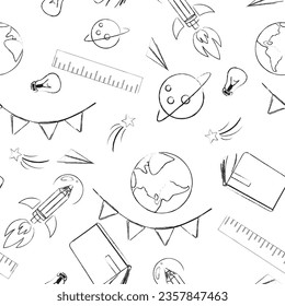 Education supplies on white background in outline chalk doodle style