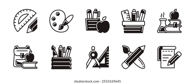 education supply school stationery icon set student equipment back to school element vector contains pen, crayons, ruler, pencil, book, notebook, backpack, compass signs illustration 