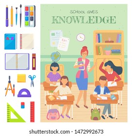 Education supply for school vector, teacher with students. Pupils writing in notebooks, book and ruler, pencil and pen, brush and eraser for disciplines. Back to school concept. Flat cartoon