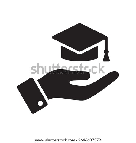 Education support icon with a hand holding a graduation cap representing a scholarship grant for academic student learning and study vector solid glyph icon