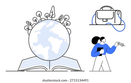 Educação, sustentabilidade, desenvolvimento de carreira, eco-aprendizagem, preservação da natureza e inovação. Globo em um livro, pasta e leitura de pessoa. Educação e sustentabilidade