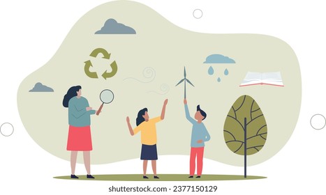 Education for sustainability as teaching ecology for kids.Environment, climate and nature protection learning in school for future with responsible community.flat vector illustration