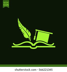 Education symbol. Celebrating graduation hat, feather and book.