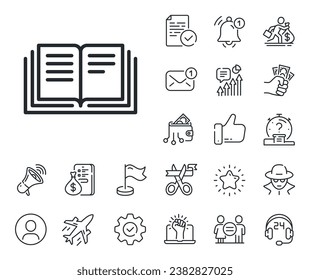 Education symbol. Salaryman, gender equality and alert bell outline icons. Book line icon. Instruction or E-learning sign. Education line sign. Spy or profile placeholder icon. Vector