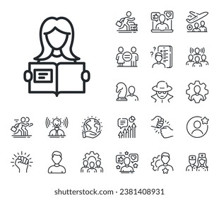 Education symbol. Specialist, doctor and job competition outline icons. Woman read a Book line icon. Instruction or E-learning sign. Woman read line sign. Avatar placeholder, spy headshot icon. Vector