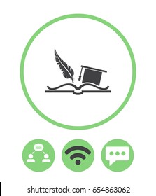 Education symbol, teamwork, wireless and speech bubble vector icon.. Celebrating graduation hat, feather and book.