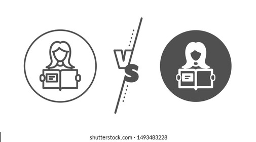Education symbol. Versus concept. Woman read a Book line icon. Instruction or E-learning sign. Line vs classic woman read icon. Vector