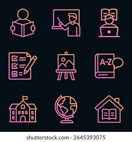 Education symbols glow on dark backdrop. Icon symbol illustration